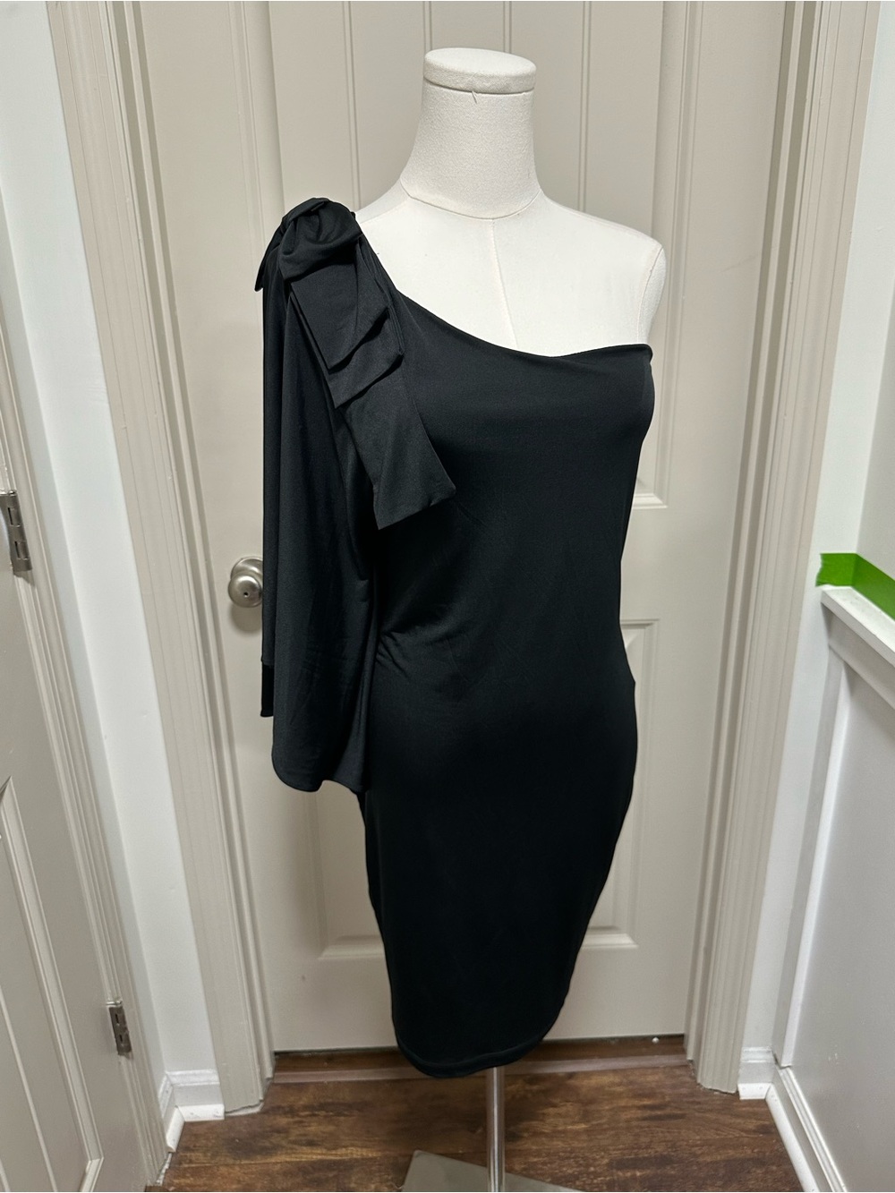 Va Va Voom Black One-Shoulder Dress with Draped Bow Shoulder